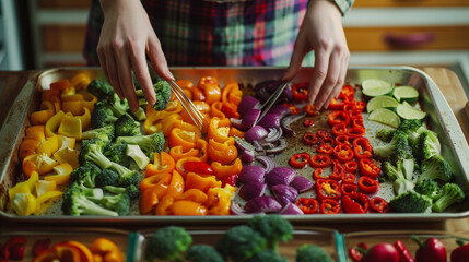 A single woman carefully arranging colorful vegetables on a baking sheet for roasting