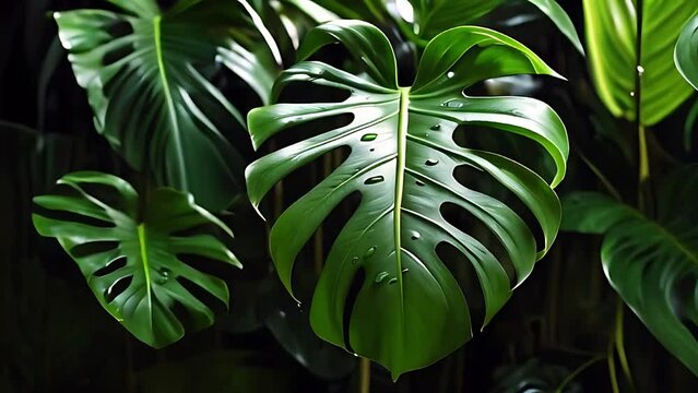 Large green monstera leaves on a dark background