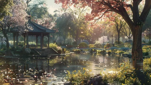 Enchanting Park Landscape Painting: Ethereal Anime Aesthetic Merging Reality with Fantasy
