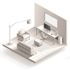 Fototapeta na wymiar Minimal workplace isometric,white environment,desk,chair,sofa.