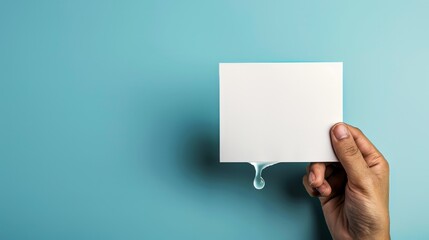 hand holds a blank white card against a vibrant turquoise background, with a single droplet of liquid poised to fall from the bottom edge