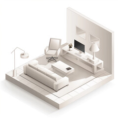 Fototapeta na wymiar Minimal workplace isometric,white environment,desk,chair,sofa.