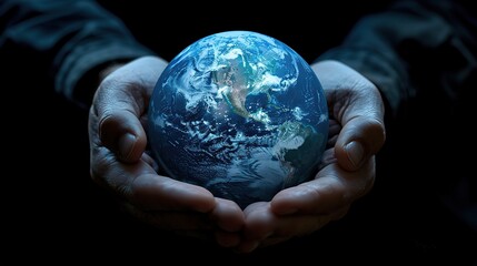 Earth at night was holding in human hands. Earth day. Energy saving concept.