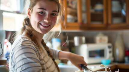 With a mixing bowl in hand, a single young woman is seen whisking together ingredients for a cake batter, her eyes focused on the task at hand