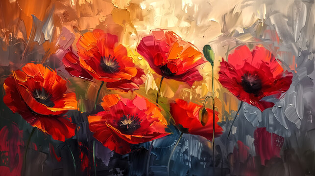 Digital oil painting of poppies flowers, modern impressionism