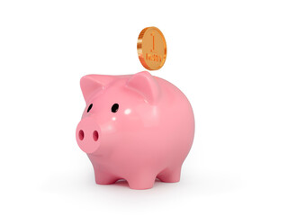 Piggy bank with coin. 3d rendering. Pink color.