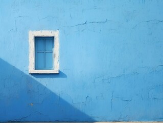 Blue wall with white window and blue wall with shadow on it.
