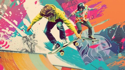 Skateboarders in Action on Vibrant Graffiti Background