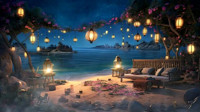 a serene wallpaper with a beachfront campsite adorned with lanterns. seamless looping time-lapse virtual 4k video animation background	