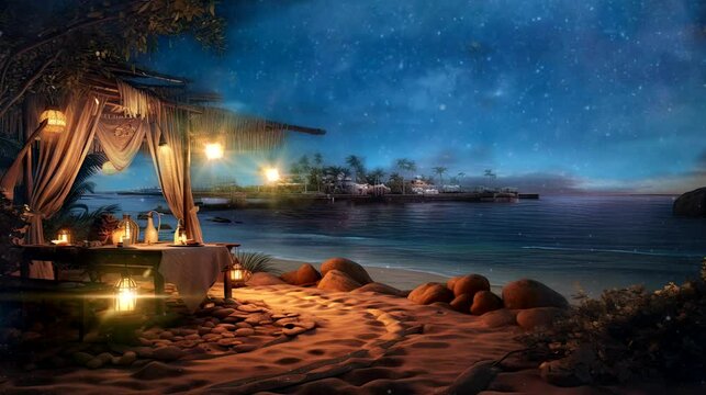 a serene wallpaper with a beachfront campsite adorned with lanterns. seamless looping time-lapse virtual 4k video animation background	