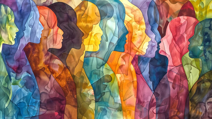 Abstract colorful art watercolor painting depicts a diverse grou