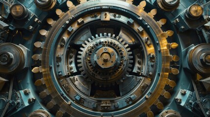 Fototapeta premium At the core of automation, a massive machine hums with intricate gears and belts showcasing human creativity in manufacturing.