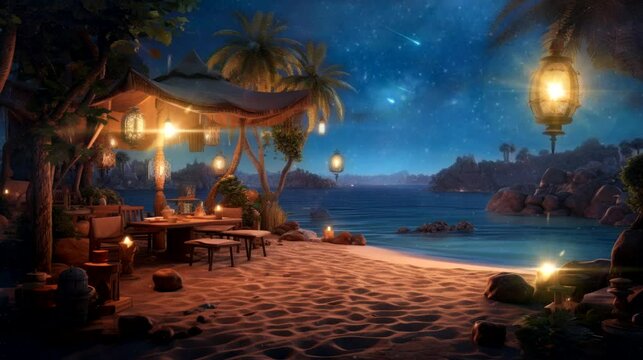 a serene wallpaper with a beachfront campsite adorned with lanterns. seamless looping time-lapse virtual 4k video animation background	