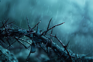 Elegant Good Friday Background with Close-up of Thorns and Raindrops - obrazy, fototapety, plakaty