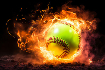 Flaming Softball Ball in Mid-air with Sparks and Smoke on Black Background