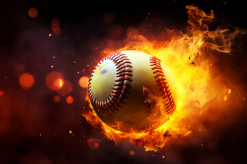 Flaming Softball Ball in Mid-air with Sparks and Smoke on Black Background