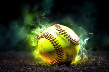 Flaming Softball Ball in Mid-air with Sparks and Smoke on Black Background