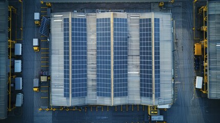 Solar panels on the warehouse and electric delivery vehicles at the bays show a dedication to reducing carbon footprint in distribution networks.