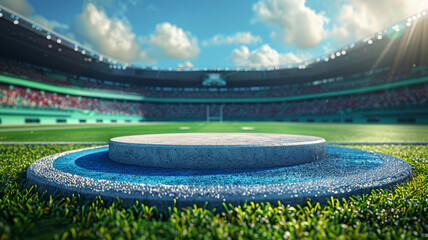 Fototapeta premium Sports Product Display Podium on Soccer Field with Stadium Background and Sun Rays