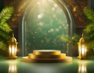 Green dramatic light bokeh podium with arabian warm light, green yellow and gold color background for product display