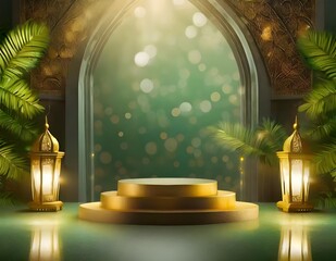 Green dramatic light bokeh podium with arabian warm light, green yellow and gold color background...