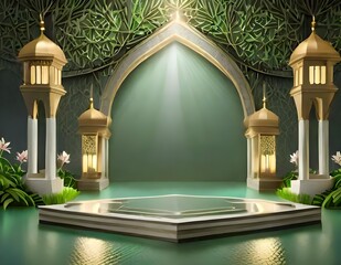 Green dramatic light bokeh podium with arabian warm light, green yellow and gold color background...