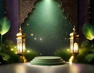 Green dramatic light bokeh podium with arabian warm light, green yellow and gold color background...