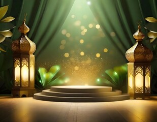 Green dramatic light bokeh podium with arabian warm light, green yellow and gold color background for product display