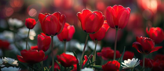 Obraz premium A cluster of vibrant red flowers blooms amidst the green grass, adding a splash of color to the natural landscape. The flowers stand tall and proud, swaying gently in the breeze.