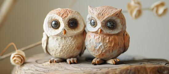 Two ceramic owls are positioned on top of a tree stump. The realistic detailing of the owls features and the textured surface of the tree stump are prominent in the scene. - obrazy, fototapety, plakaty