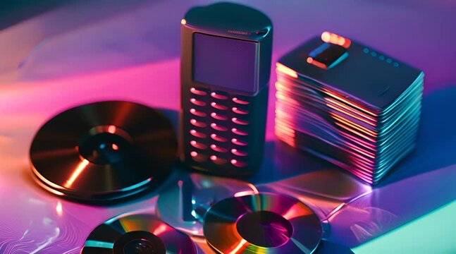 Retro Tech and CDs in Neon Lights with AI generated.
