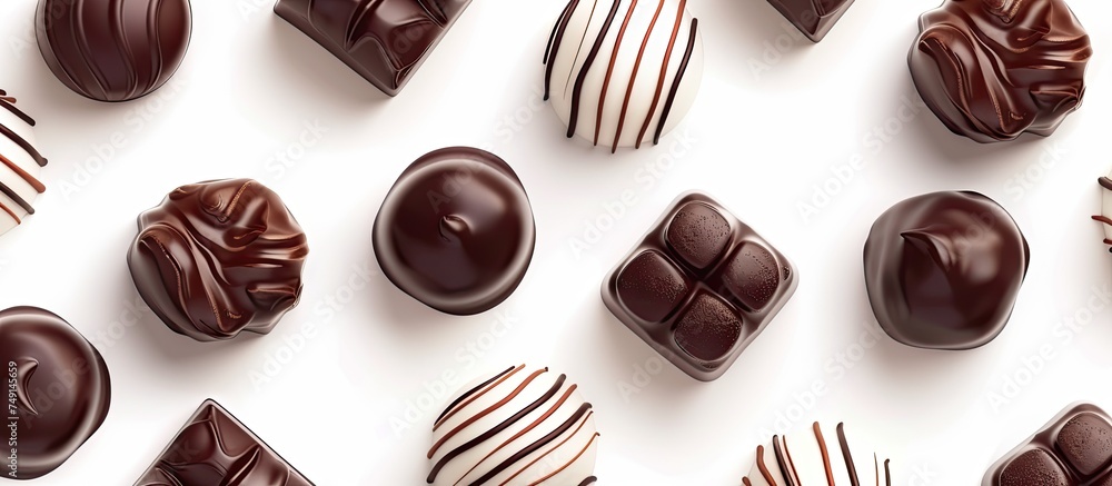 Poster a collection of delectable chocolate candies arranged neatly on a clean white surface. the various s