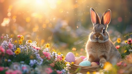 Fototapeta na wymiar Easter bunny with a basket of eggs. Happy Easter Bunny on a card on their hind legs with flowers at sunset