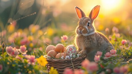 Easter bunny with a basket of eggs. Happy Easter Bunny on a card on their hind legs with flowers at sunset.