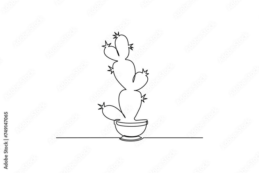 Fototapete continuous cactus one-line vector drawing and outline-style single-line illustration art