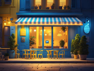 3D illustration night scene of the cafe with a striped awning, blue shutters, and a door on a smartphone screen with stars. Concept art for online cafe reservations. Yellow light 