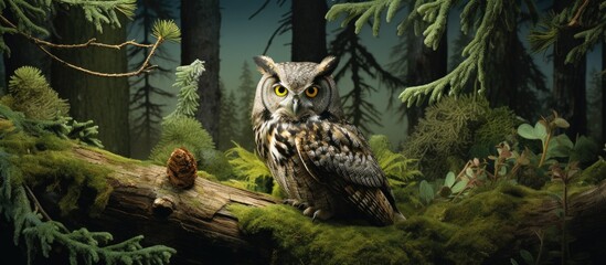 Fototapeta premium A painting depicting an owl perched on a wooden log in a dense forest setting. The owl appears alert, with its piercing gaze directed outward, blending seamlessly into its natural habitat.