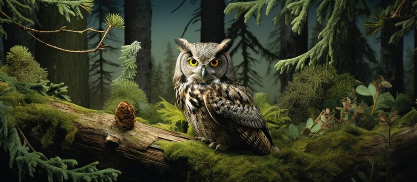 A painting depicting an owl perched on a wooden log in a dense forest setting. The owl appears alert, with its piercing gaze directed outward, blending seamlessly into its natural habitat.