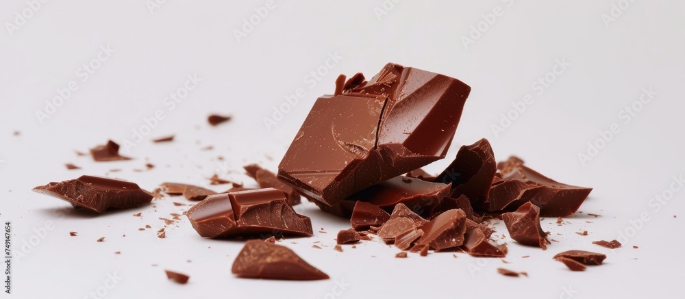 Poster a sizeable mound of dark and milk chocolate pieces is scattered across a clean white tabletop, creat