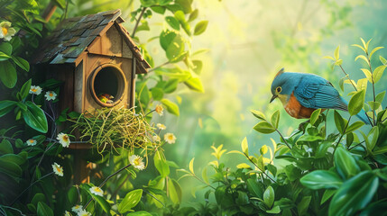 Bird house in the garden background