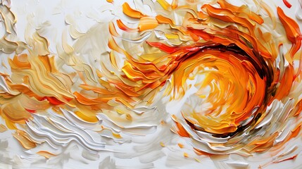 close-up view of a vibrant red and orange abstract painting, capturing the swirling essence of fire