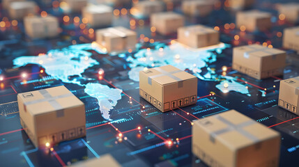 Product delivery that uses technology to help Increase speed and reduce costs to be more efficient, box package on world map