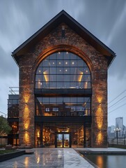 An old warehouse, rejuvenated for modern logistics, fuses historic brick with tech, signifying industrial change. - obrazy, fototapety, plakaty