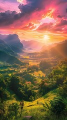 sunset valley foreground color rainforest background brilliant dawn rays sunlight diffuse ultra hawaii bright lens flare stunning radiate connection forest - obrazy, fototapety, plakaty
