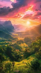 Foto op Canvas sunset valley foreground color rainforest background brilliant dawn rays sunlight diffuse ultra hawaii bright lens flare stunning radiate connection forest © Cary