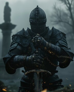 knight full armor holding sword foggy forest promotional souls shoulders street dormant chains tavern background emote pray gallant
