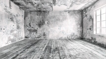 Empty a white Interior of vintage room without ceiling from gray grunge stone wall and old wood floor.