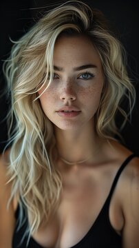 closeup woman freckles face alluring girl long blonde hair short top marine airy look desire perfect human female specimen ocean nubian lux focus pale