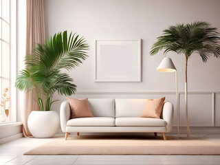 3D empty mockup frame set within a contemporary interior design. A chic white lounge space featuring a modern floor lamp, lush potted palm and blank frame