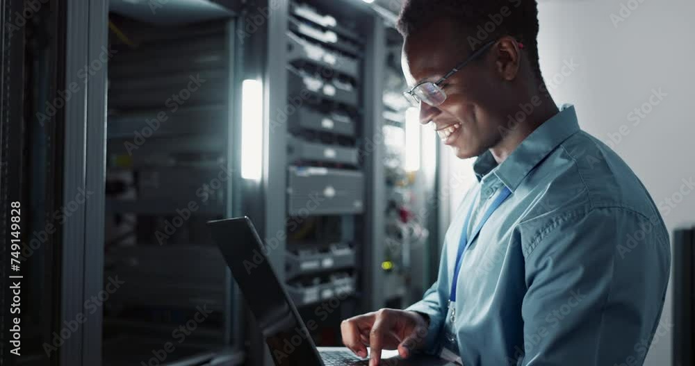 Aufkleber Happy man, engineer and laptop in server room for database update, cyber security or code. Computer, smile and African technician in data center for information technology, typing and programming